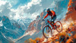 the image of a cyclist in a helmet at extreme speed descending rocky mountains, a dynamic image that conveys the danger of cycling