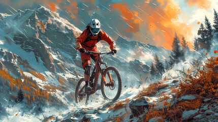 the image of a cyclist riding in a helmet at extreme speed on rocky mountains, a dynamic image that conveys the danger of cycling