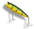 Shadow below a green and yellow topwater fishing lure