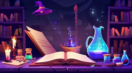Wall Mural - In a magic school, you can see the open book, paper scroll, staff, and potions in a cauldron. Modern cartoon set of furniture to complete your wizard or witch room, to include hats, candles, flasks,