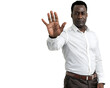 © DimaSabaka - African American man showing stop gesture. Transparent background PNG photo