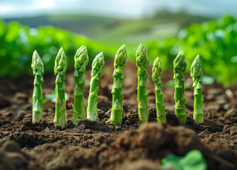 Wall Mural - Young green asparagus shoots growing up from the ground