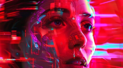 Aufkleber - A woman's face is shown in a distorted, pixelated way. The image is a representation of the idea of technology and its impact on human identity. Scene is somewhat unsettling and thought-provoking