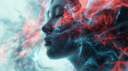 Wall Mural - A woman's face is shown with a blue and red background. The woman's face is surrounded by smoke and fire, giving the image a futuristic and otherworldly feel. The colors and patterns of the smoke