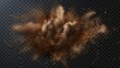 The explosion of coffee leaves, a realistic ground bean powder burst with a brown particle splash, and granules fluttering in the air, is isolated on a transparent background. This illustration was