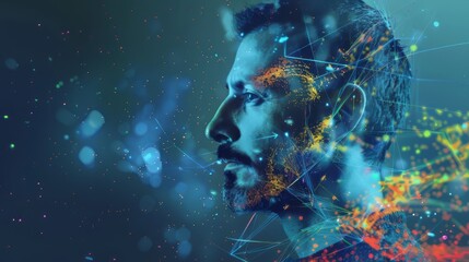Aufkleber - A man's face is shown in a computer generated image with a blue background. The man's face is surrounded by a lot of lines and dots, giving the impression of a digital rendering