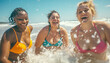 Vibrant and confident, three diverse women joyfully splashing in ocean waves, embracing body positivity and promoting their curves on sunny beach day. Women's beauty diversity, vacation concept.