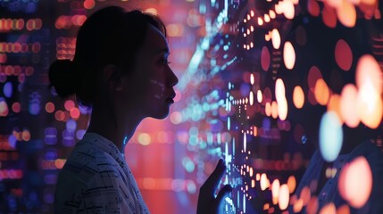 Aufkleber - A woman is looking at a computer screen with a lot of colorful dots. Concept of wonder and curiosity as the woman stares at the screen