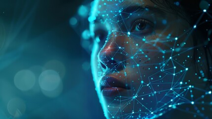 Aufkleber - A woman's face is shown in a blue and white color scheme. The image is a representation of a computer-generated face, with the woman's features and expressions being displayed in a digital format