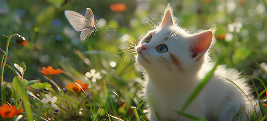 Wall Mural - a cat in the garden and a butterfly