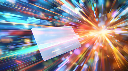 Card flying at high speed surrounded by colorful light trails and a blurred background of futuristic digital technology elements, fast and convenient financial transactions