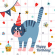 Сute cat is celebrating his birthday. Vector illustration on a transparent background.