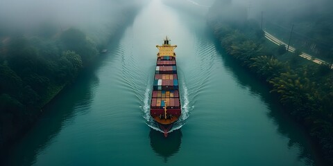 Poster - Cargo Vessel Navigating Through Misty Waterway A Critical Maritime Chokepoint for Global Logistics and Trade