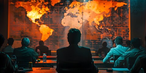 Poster - war strategy meeting in high tech command center amidst digital maps and data