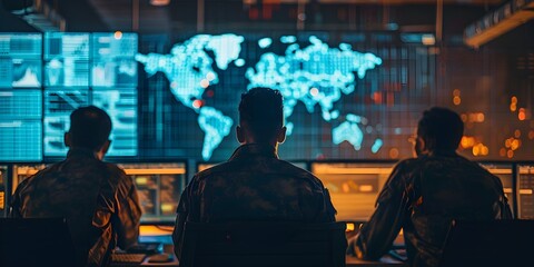 Poster - command center strategy meeting amid maps and data for critical war decision making