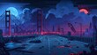 Destroyed night city in a war zone, abandoned buildings, abandoned bridge, post-apocalyptic road broken and ruined, cartoon modern illustration.