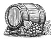 Wooden barrel and grapes. Oak cask sketch. Hand drawn vintage illustration engraving style