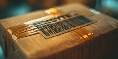 Poster - A close up detailed view of a barcode label on a wooden package representing the language of logistics and supply chain management
