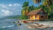 A rustic driftwood shack nestled among the palms, its thatched roof blending seamlessly with the natural surroundings.