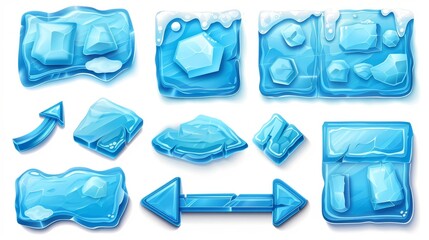 Poster - Graphic design elements - frozen blue slider, arrows, and keys isolated on white background, 2D modern icons set of ice game buttons, cartoon menu interface with textured ice blocks.