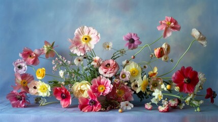 Wall Mural - Vibrant arrangement of mixed flowers featuring poppies, daisies, and ranunculus on a pastel backdrop.