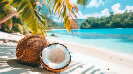 Wall Mural - Fresh, open coconut on a sandy tropical beach with turquoise sea in the background.