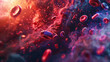 A digital artwork showcasing the beauty of blood cells in a 3D space with a dramatic background,