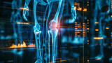 Fototapeta  - A futuristic digital rendering of a knee X-ray revealing injury,