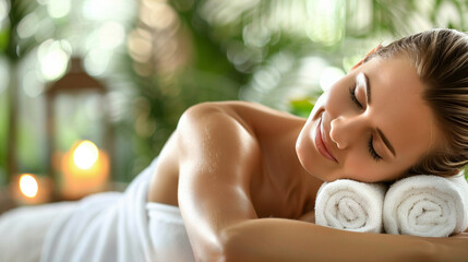 A serene woman receiving a relaxing massage at a luxurious spa,