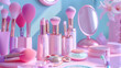 An elaborate cosmetics setup featuring a variety of powders and brushes, crafted with exquisite attention to detail in a 3D animated style. immersive backdrop background in soft pastel colors.