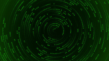 Fototapete - Green Abstract Matrix Vortex Technology Background. Binary Computer Code Dynamic Spiral. Programming, Coding, Hacker Concept. Binary Numbers Moving in Spiral. Vector Illustration. Sci-fi Background.