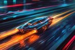 Conceptual art of a futuristic vehicle speeding on a track