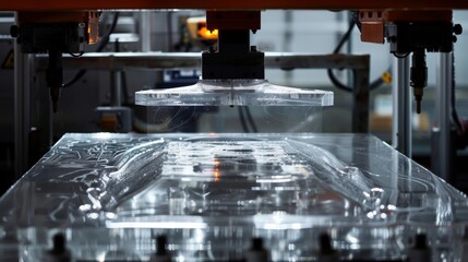 High-definition photograph capturing the moment a heated pliable plastic sheet is lowered onto a mold in a thermoforming machine