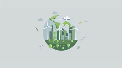 green earth with wind turbines and modern buildings, earth  day concept about planet and living environment 