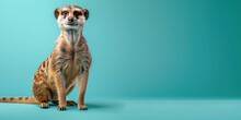 Meerkat Standing, Isolated On Left Side Of Pastel Teal Background With Copy Space.