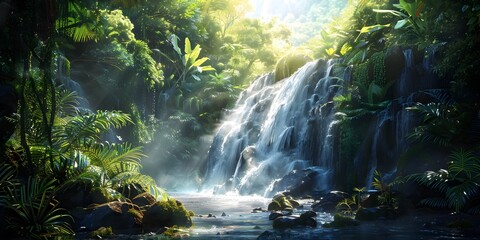 Canvas Print - Cascading Waterfall Carving Through Lush Rainforest Wilderness