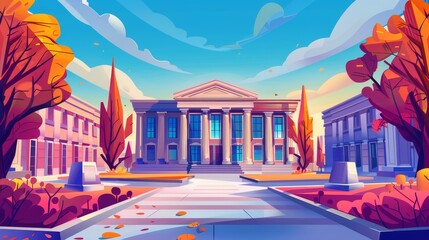 Wall Mural - Illustration of autumn landscape with a university building, college building, high school building or public library.