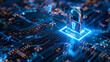 © Radala - Horizontal lock with blue light on an electronic circuit. Cyber security data protection business privacy concept. Generative AI.