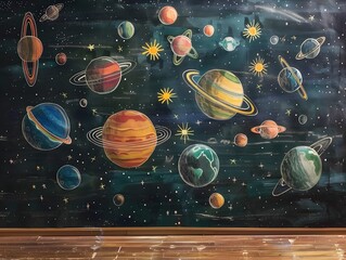 Wall Mural - celestial physics classroom illustrated planets and galaxies on blackboard educational science backd