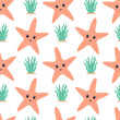 Seamless pattern with cute starfish and seaweed. Baby background, design for scrapbooking, wrapping paper, wallpaper, nursery. Cartoon hand drawn style.