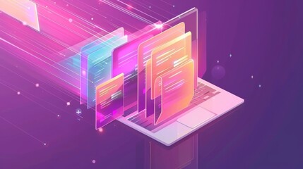 Poster - banner with data classification. isometric laptop with folders, concept of organizing data on a comp