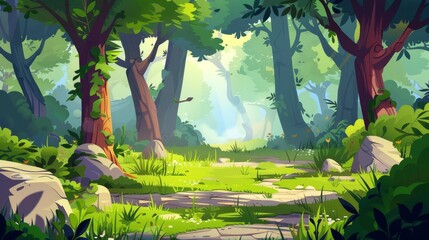 Canvas Print - Summer forest with green trees, grass, and stones. Modern parallax background with sun light and woods landscape. Illustration with layers for animation.