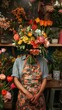 Florist in a floral apron, head blossoming into a bouquet of flowers, in a flower shop
