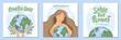 Earth day card set. Ecological poster, card, cover or web banner on the theme of caring for nature and planet Earth. Woman hugs the green planet Earth. Save the planet. Vector illustrations