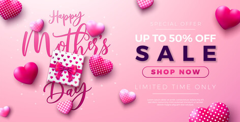 Wall Mural - Mother's Day Sale Banner Design with Hearts and Gift Box on Pink Background. Vector Seasonal Discount Offer Illustration with Typography Lettering for Voucher, Online Ads, Flyer, Invitation, Brochure