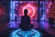Holographic meditator in a virtual reality sanctuary, connecting with the digital divine