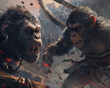Monkeys and humans locked in an epic battle with fierce expressions and dramatic lighting