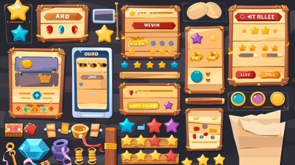 Wall Mural - The game user interface comes with a level score bar, a win or lose bar, golden stars, and buttons. Modern cartoon elements with wooden planks, paper, and ribbons as well as screens where the game is