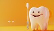 Smiling cartoon tooth character with toothbrush on yellow background