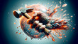A dynamic 3D artwork depicting a hammer striking a shattering glass globe held in a clenched fist, with debris and fragments flying outward.